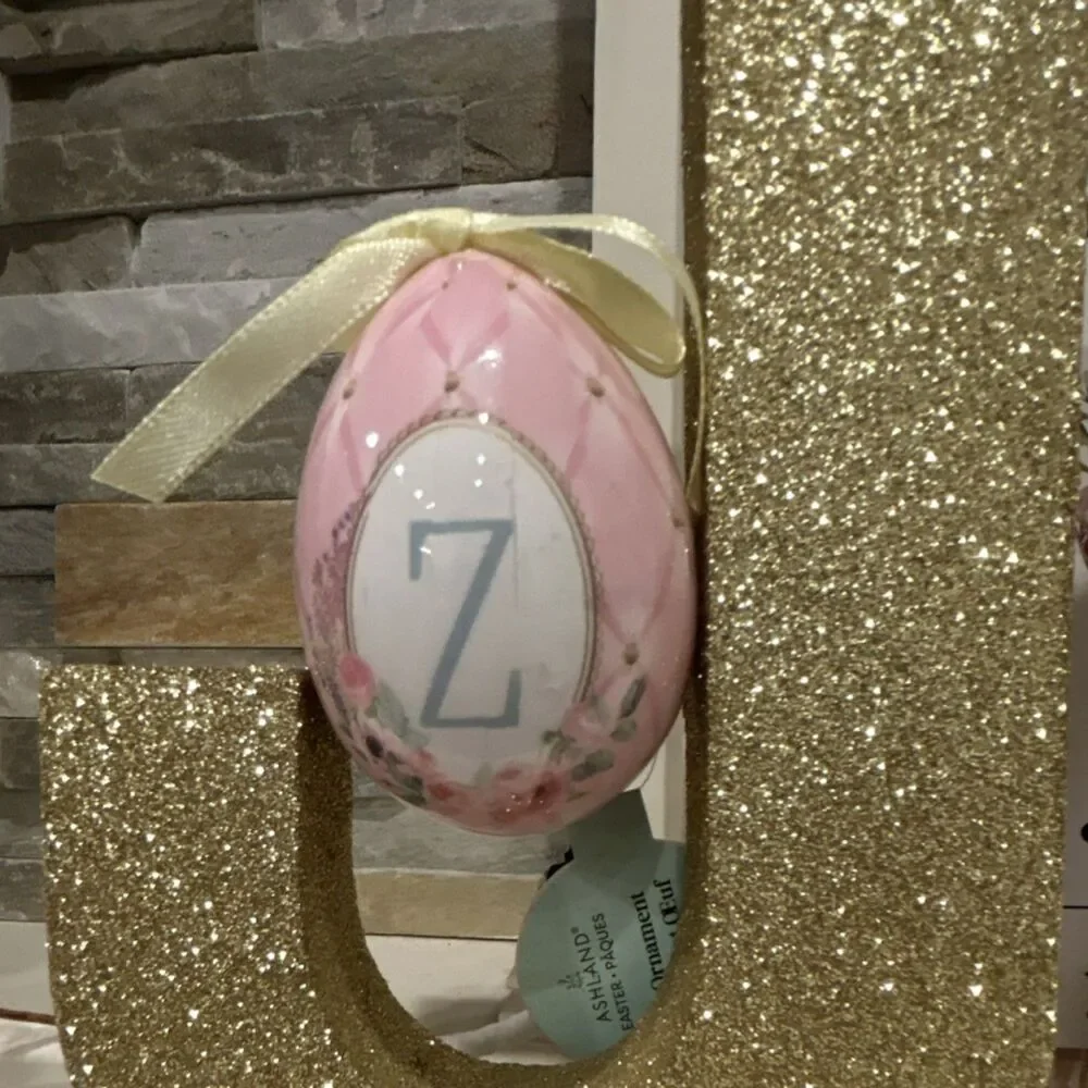 Ashland Egg Ornament Pink White Gold Easter Monogram Z